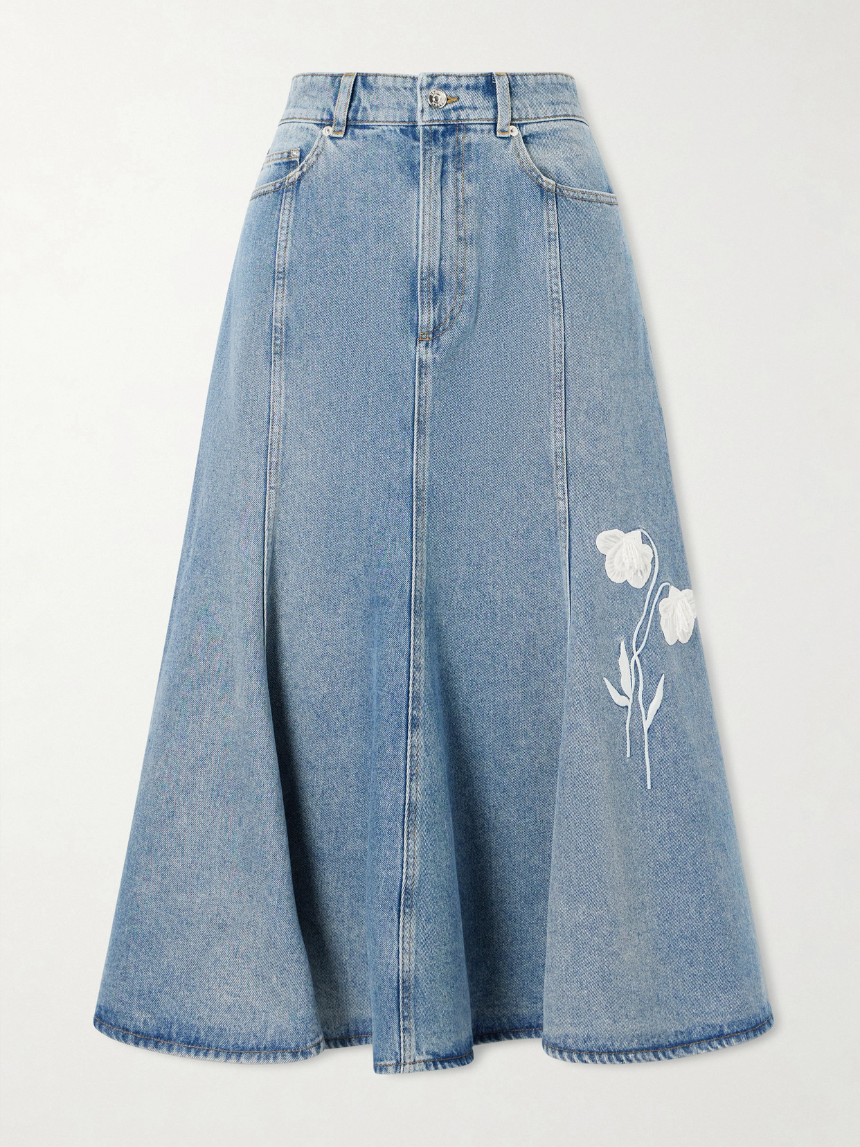 Erdem Embroidered Paneled Denim Midi Skirt In Blue