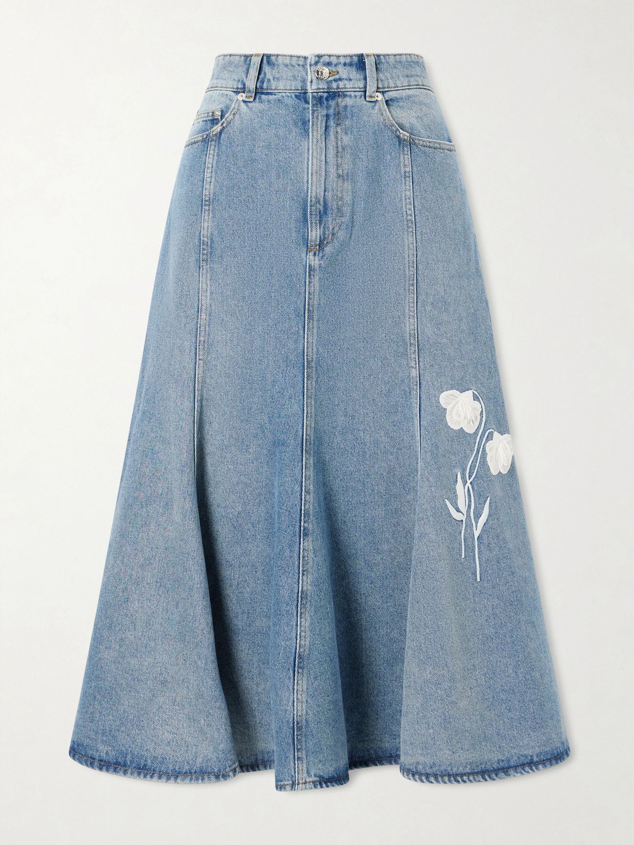 embroidered paneled denim midi skirt