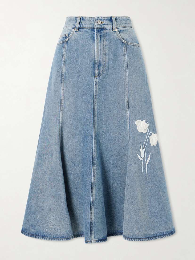 Erdem Embroidered Paneled Denim Midi Skirt