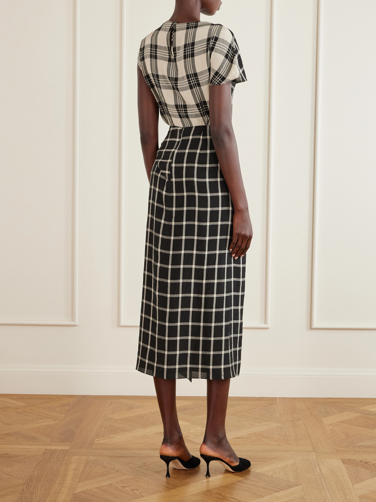 Draped Checked Crinkled-Satin Midi