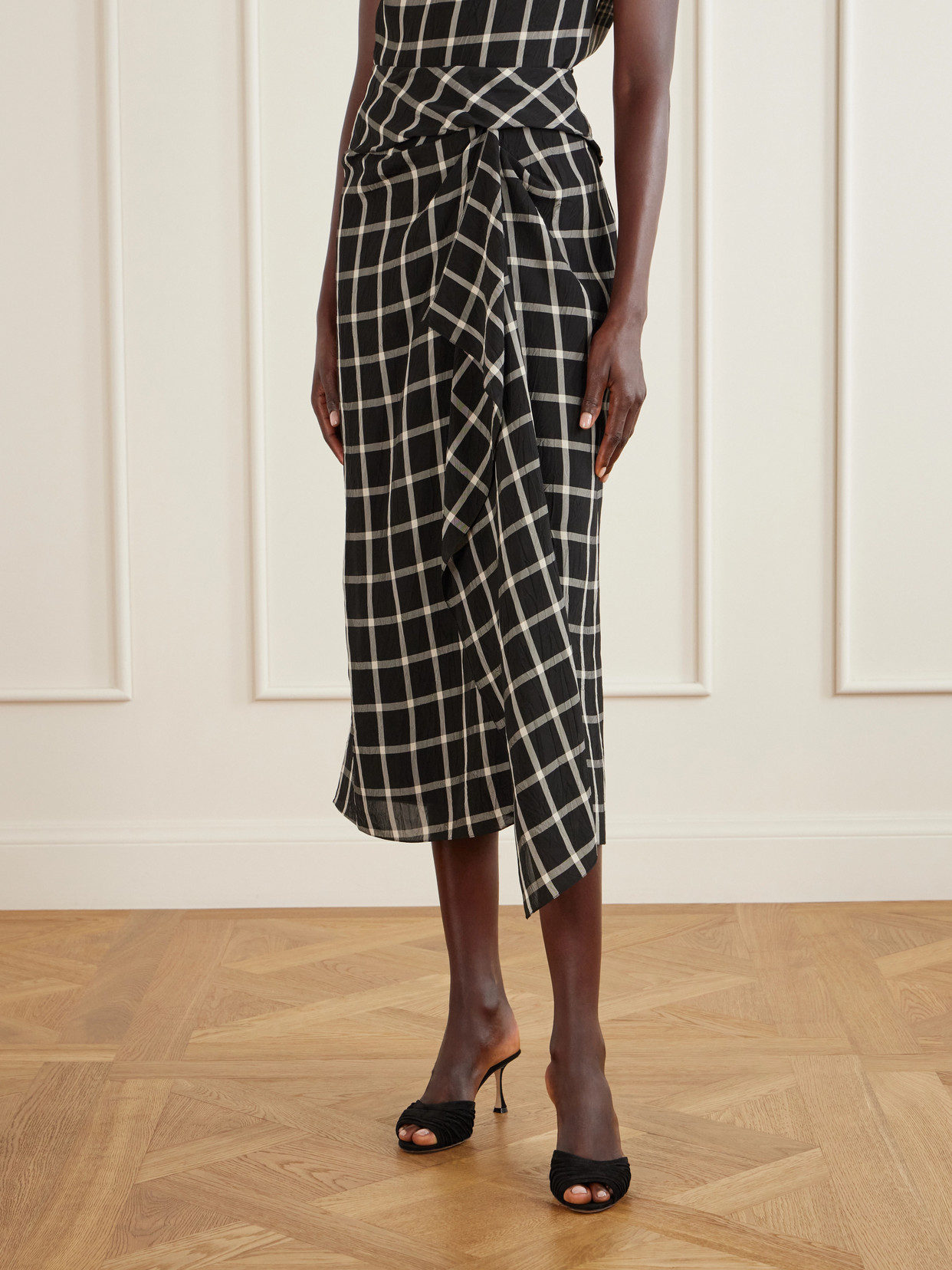 Draped Checked Crinkled-Satin Midi