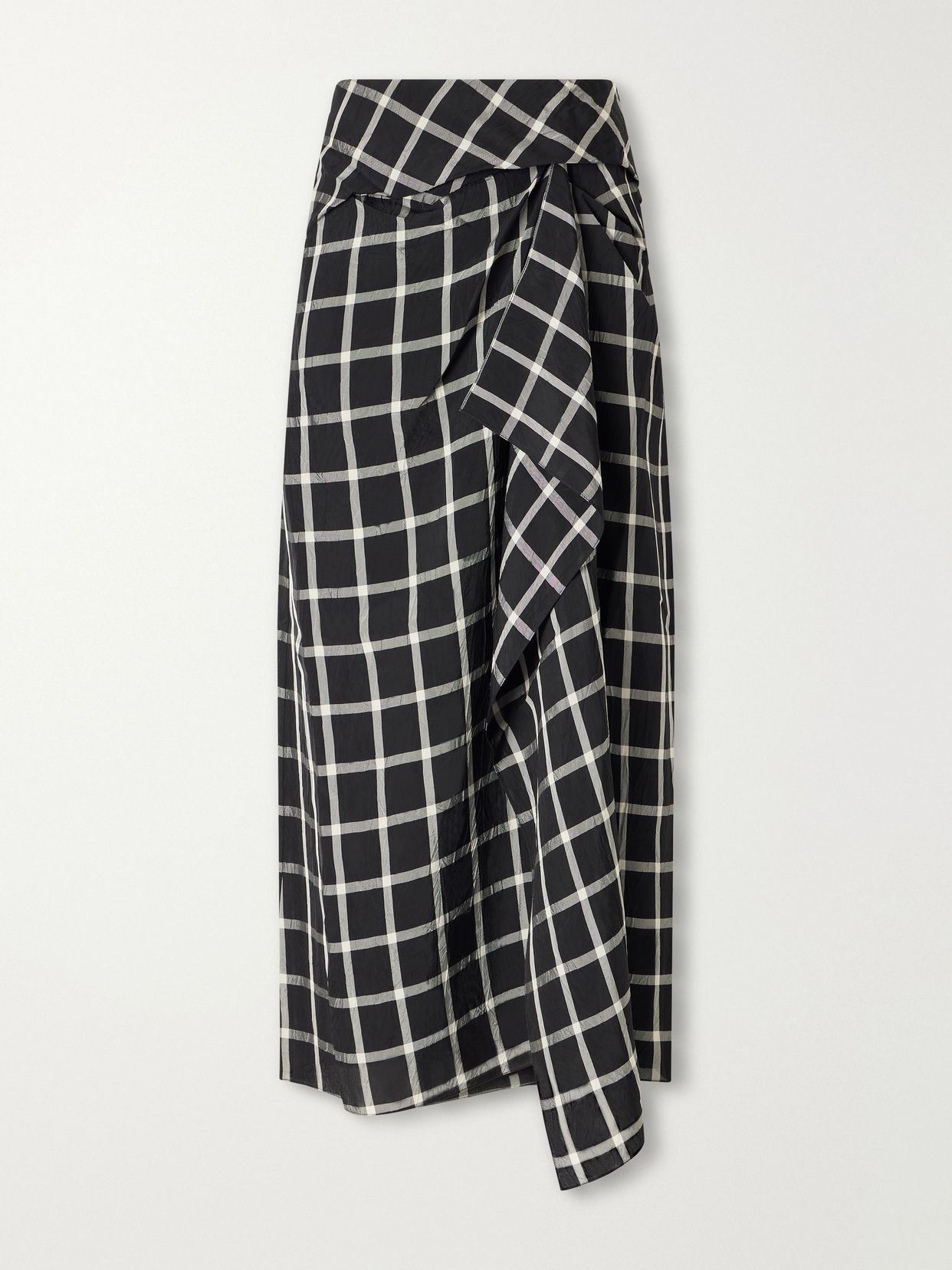 draped checked crinkled satin midi skirt