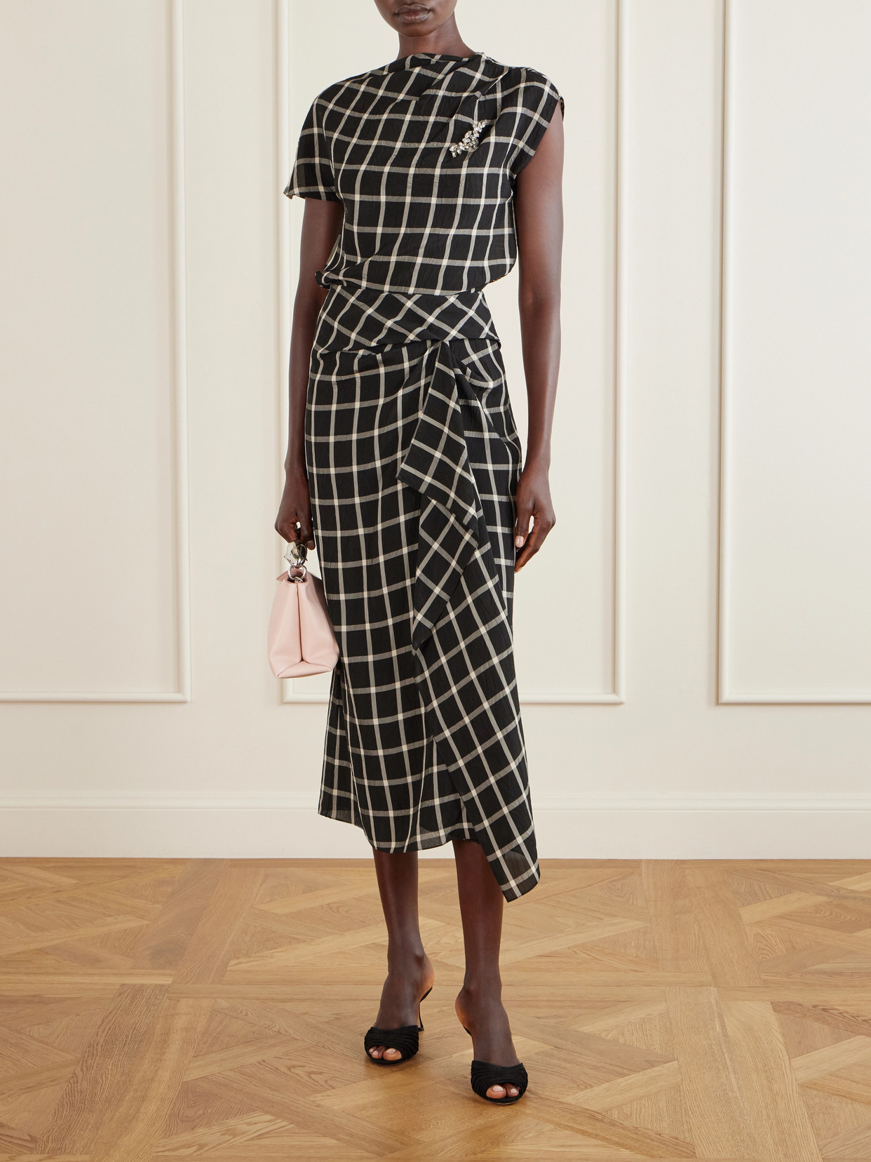 Draped Checked Crinkled-Satin Midi