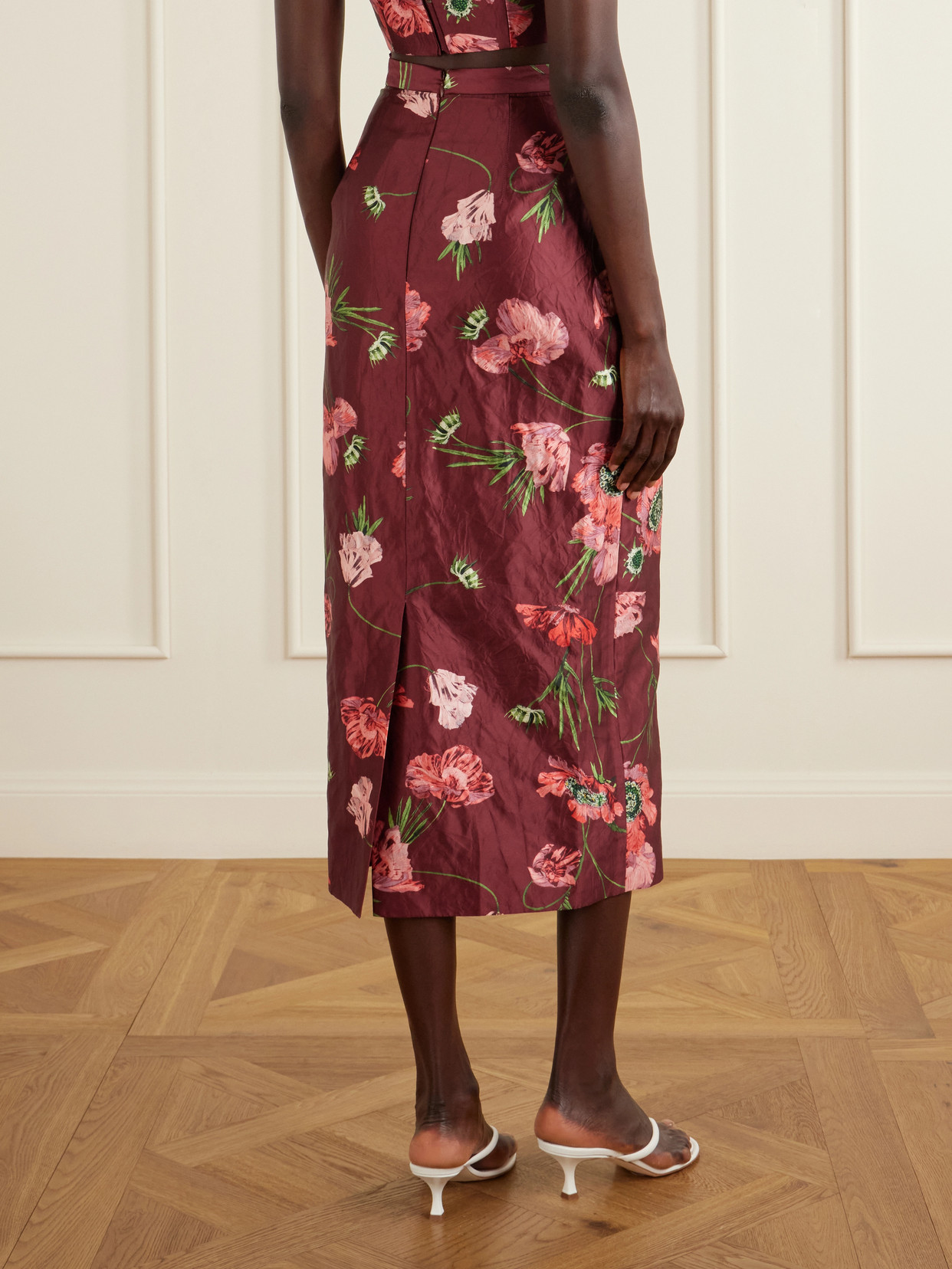 Erdem Floral-printed Satin Midi Pencil Skirt In Burgundy
