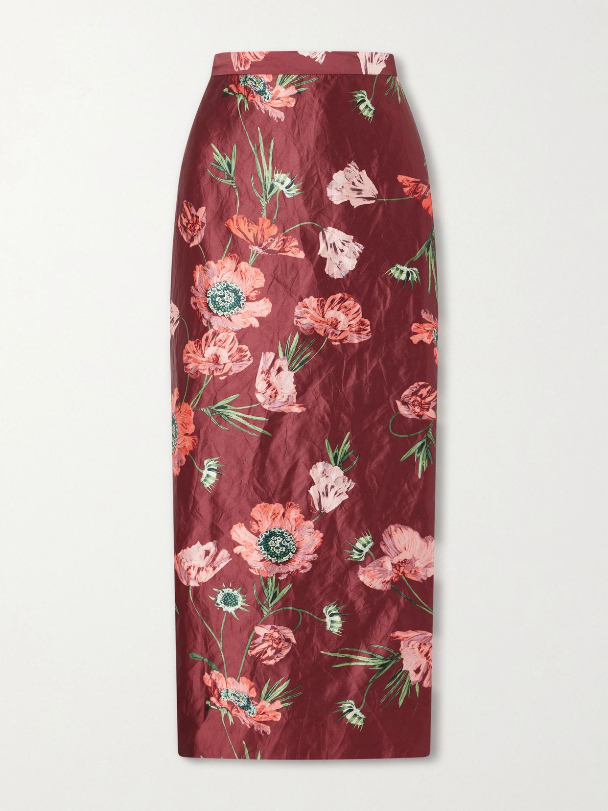 Floral-printed satin midi pencil skirt
