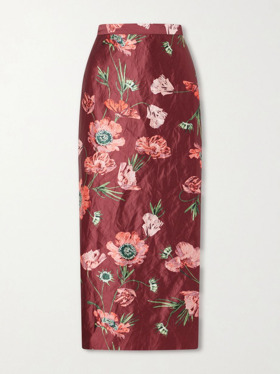 Floral-printed satin midi pencil skirt
