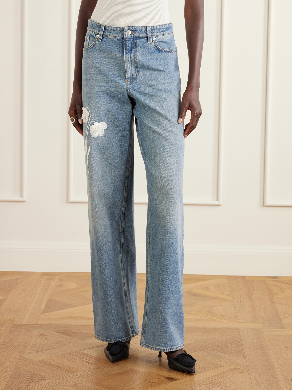Mid-Rise Straight-Leg Floral-Embroidered Jeans