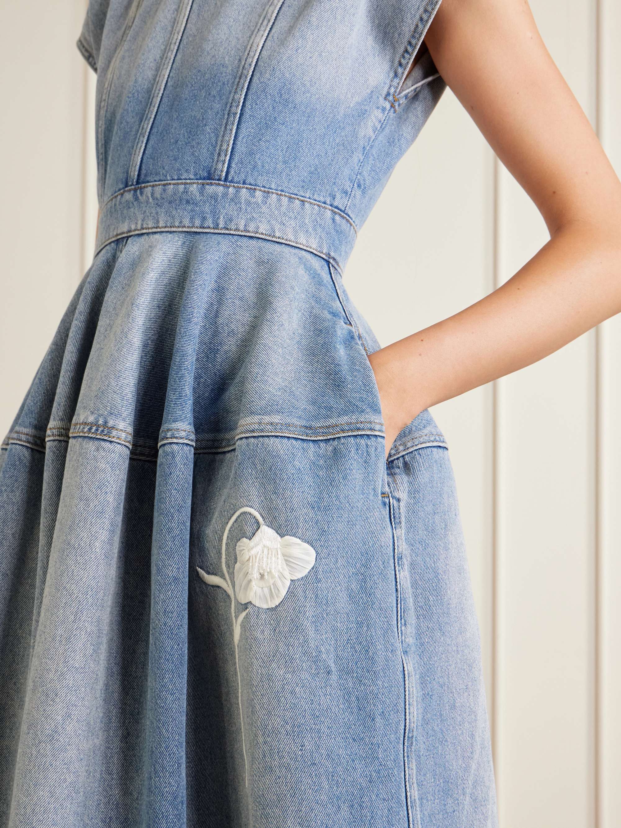 erdem denim dress Floral-appliqud denim midi dress - light denim