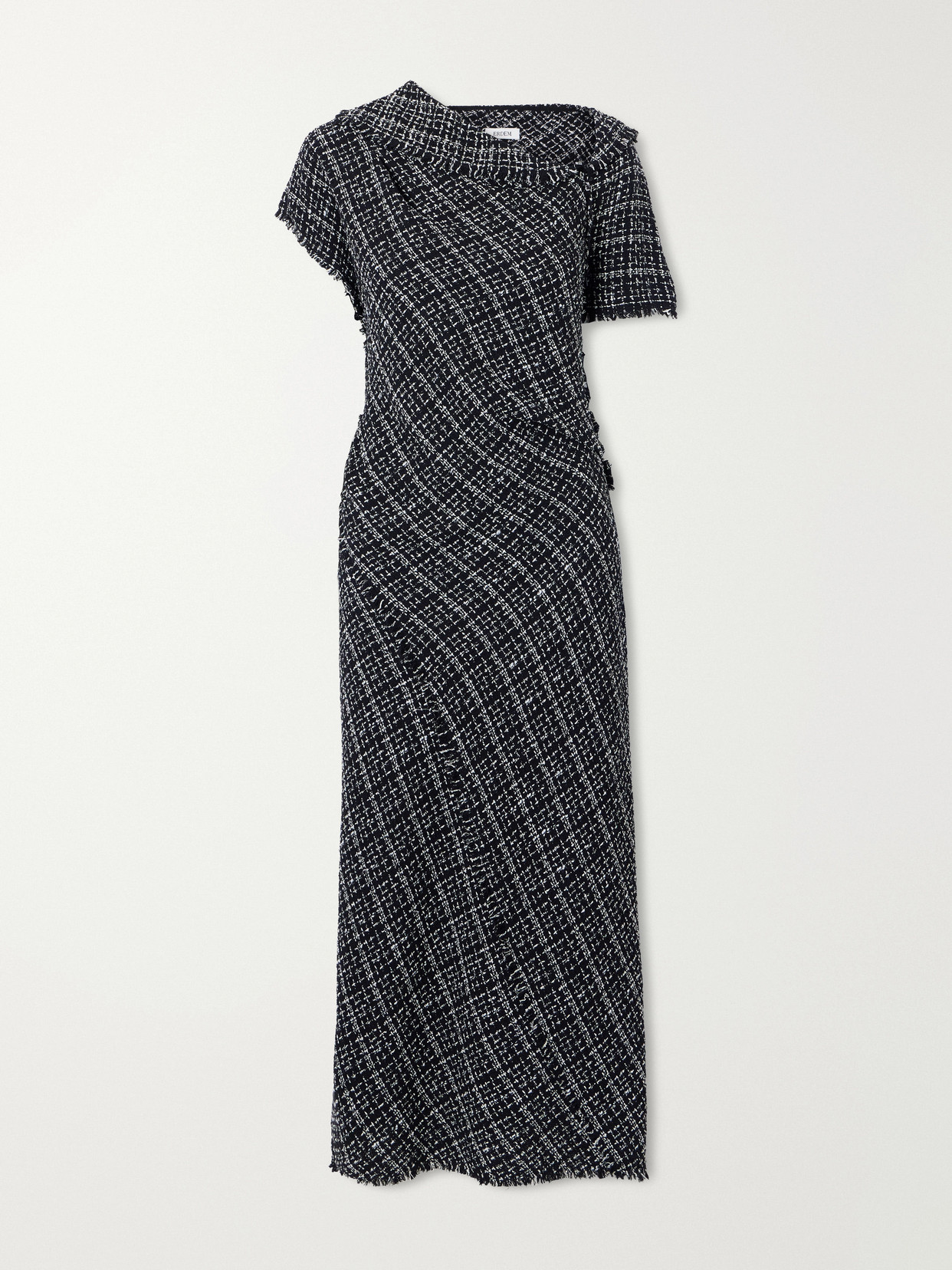 Erdem Asymmetric Cotton-blend Tweed Midi Dress In Black