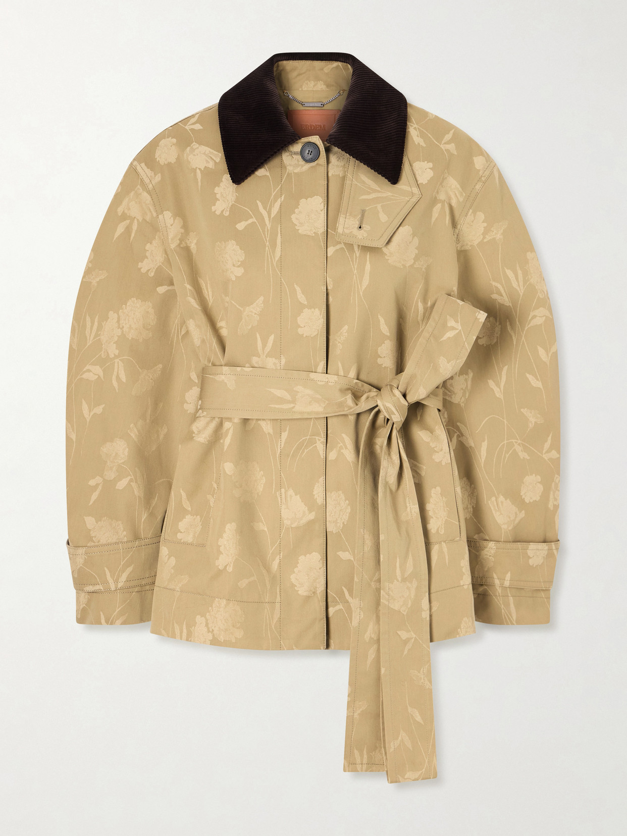Belted Corduroy-Trimmed Floral-Jacquard Cotton Jacket