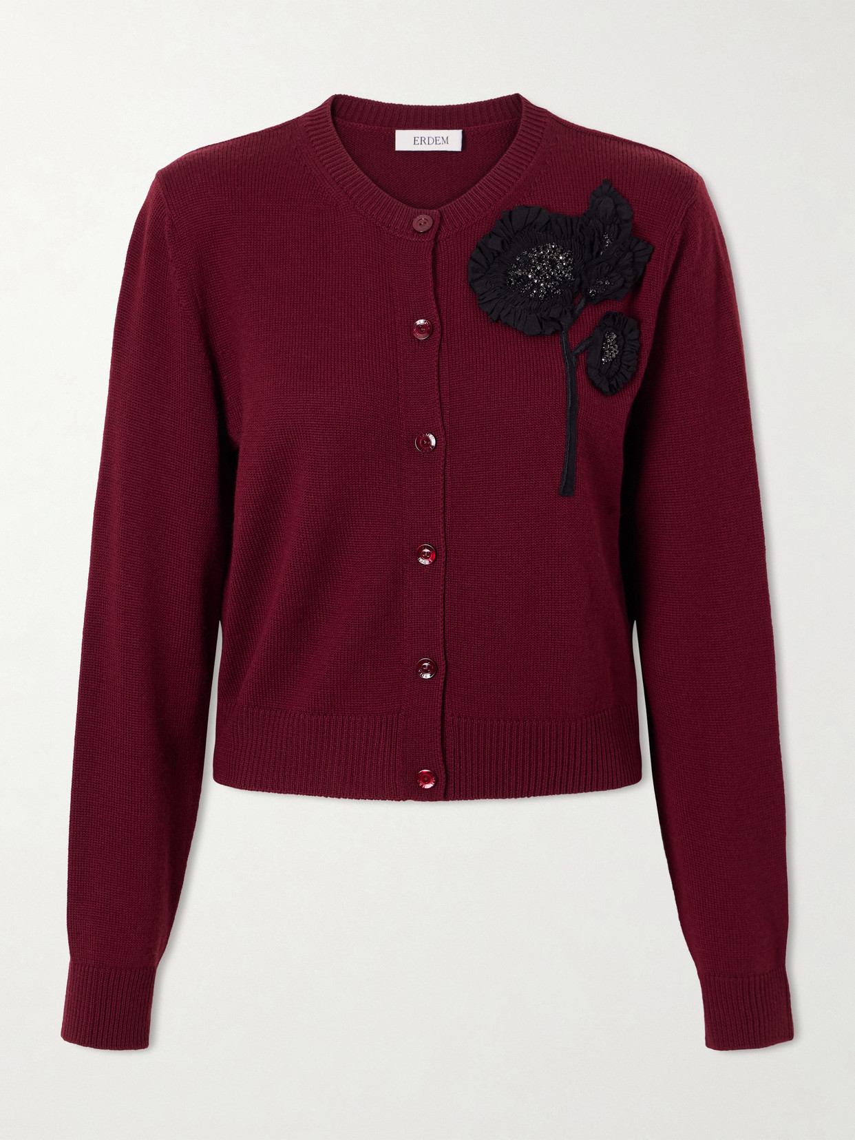 Erdem Embellished Ribbed Merino Wool Cardigan In Burgundy