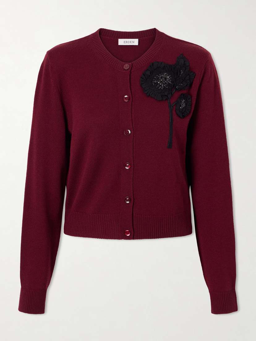 Erdem Embellished Ribbed Merino Wool Cardigan