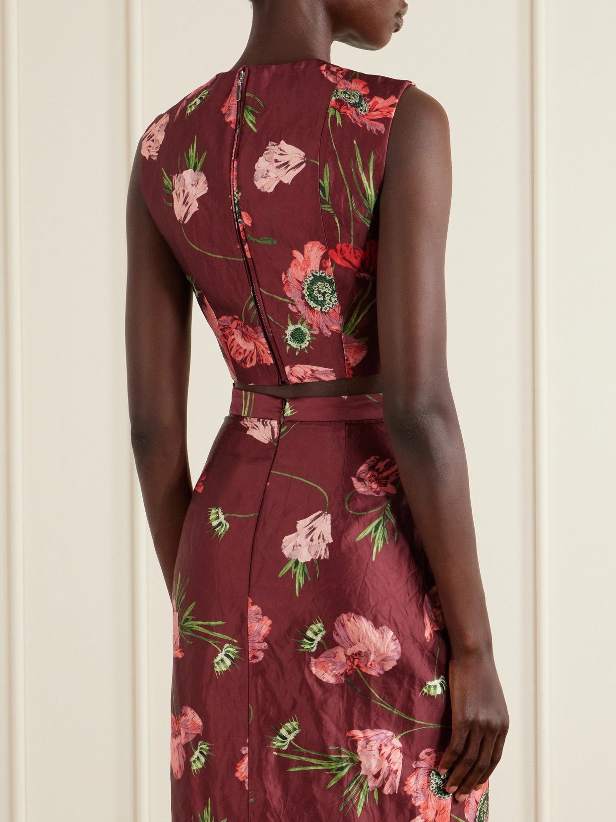 Erdem Floral-print Crinkled Satin Cropped Top In Burgundy