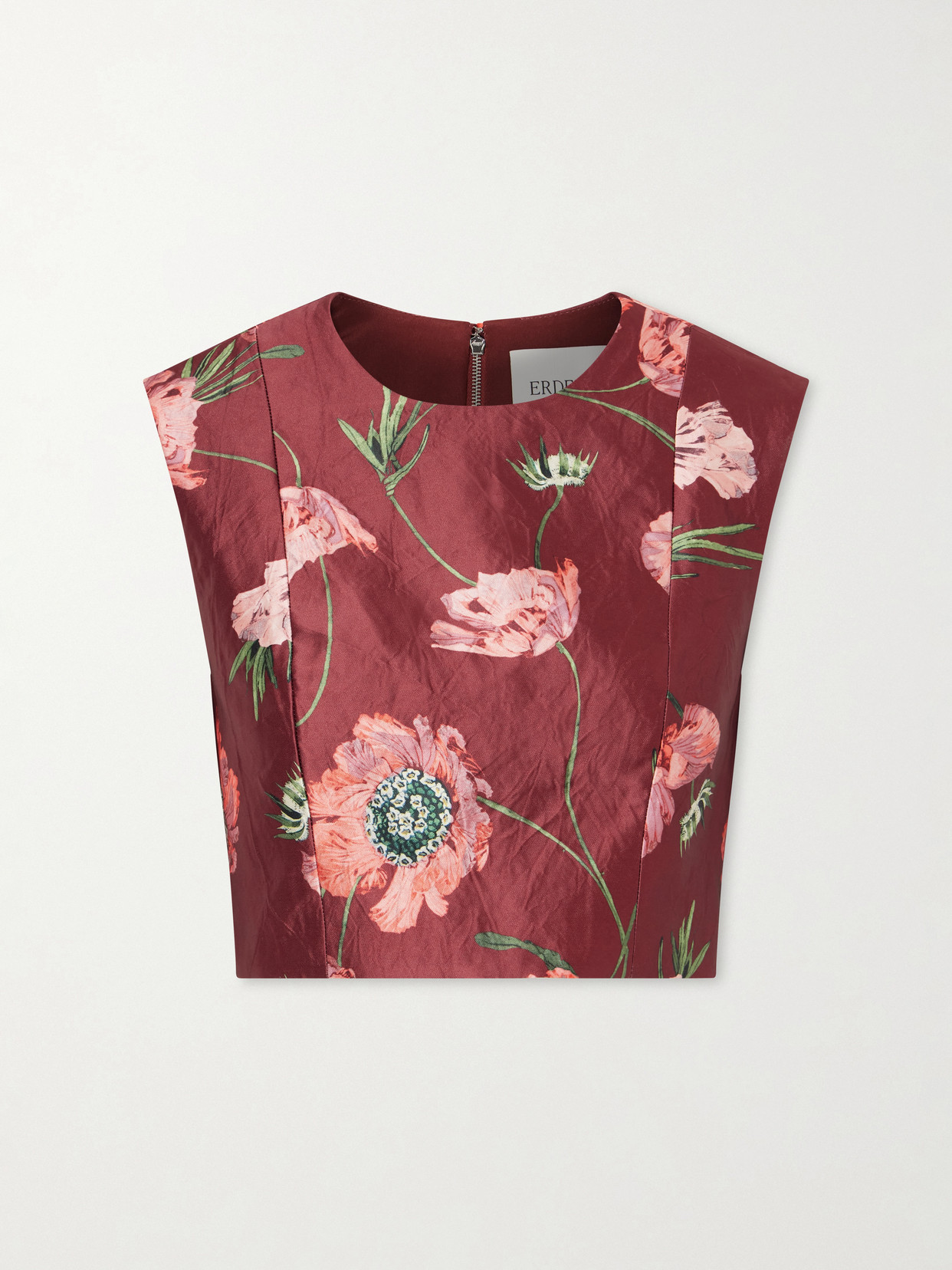 Erdem Floral-print Crinkled Satin Cropped Top In Burgundy