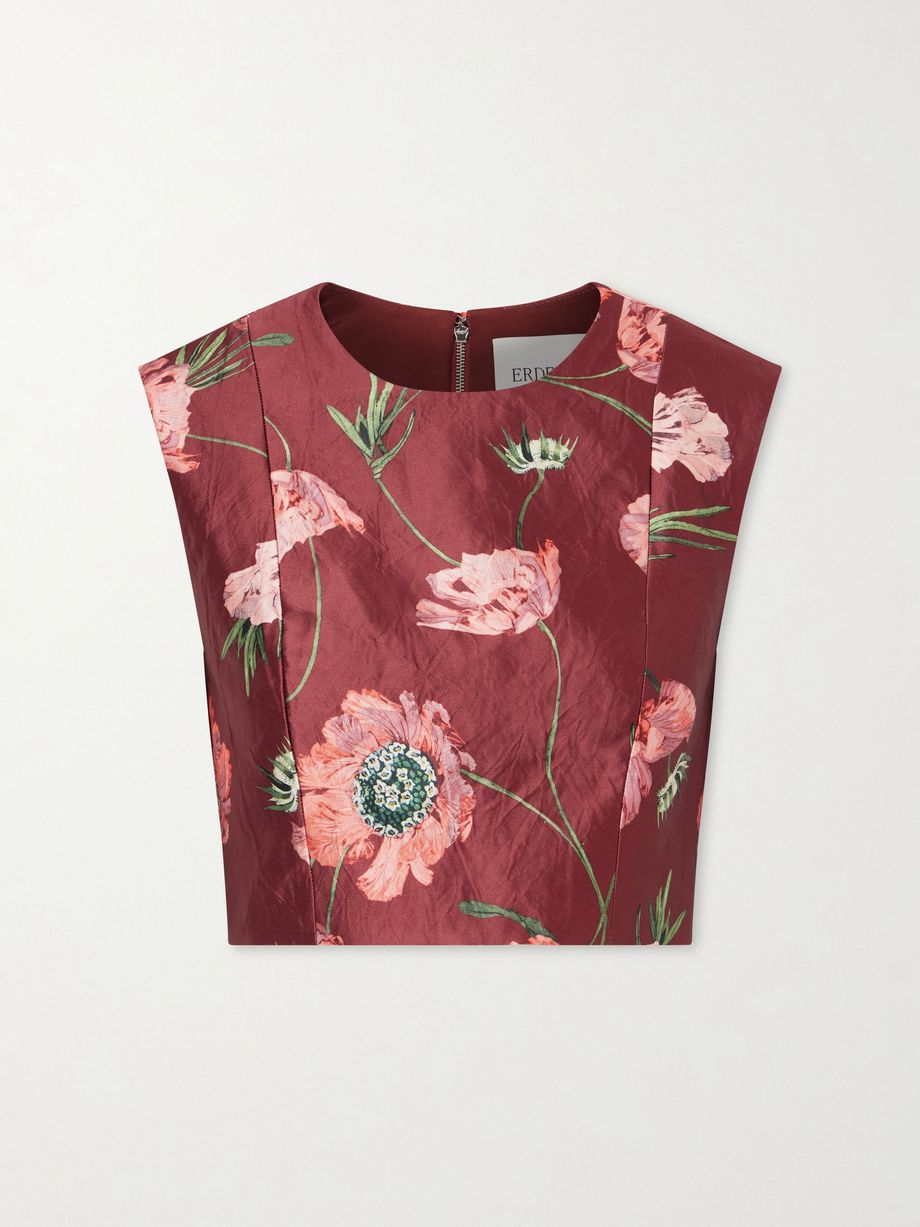 Floral-print crinkled satin cropped top