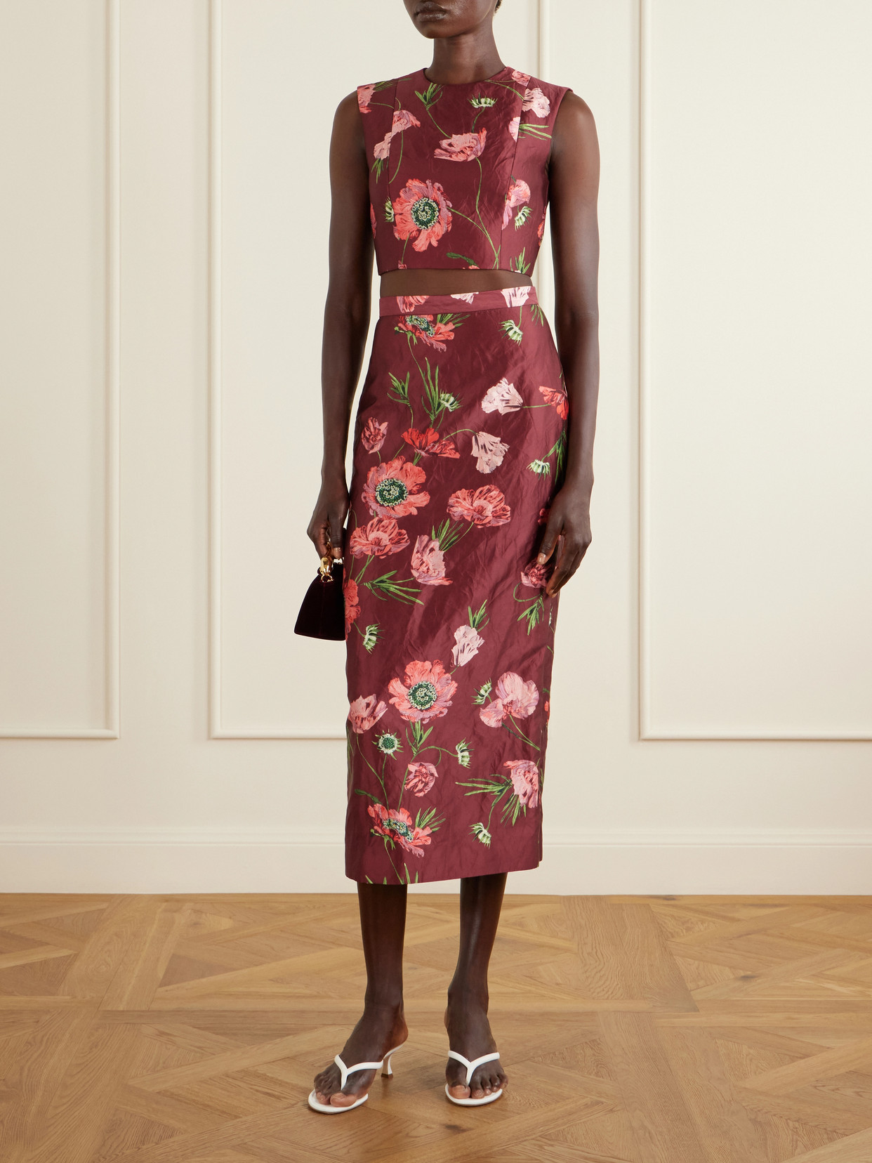 Erdem Floral-print Crinkled Satin Cropped Top In Burgundy