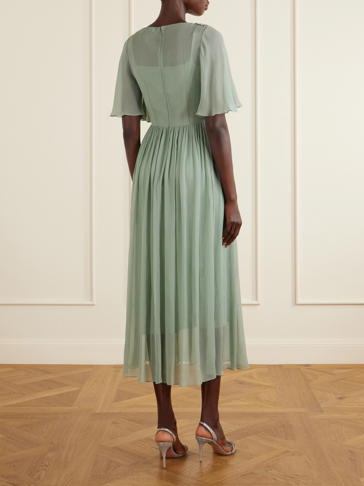 Erdem Embellished Silk Creponne Short Sleeve Midi Dress In Green