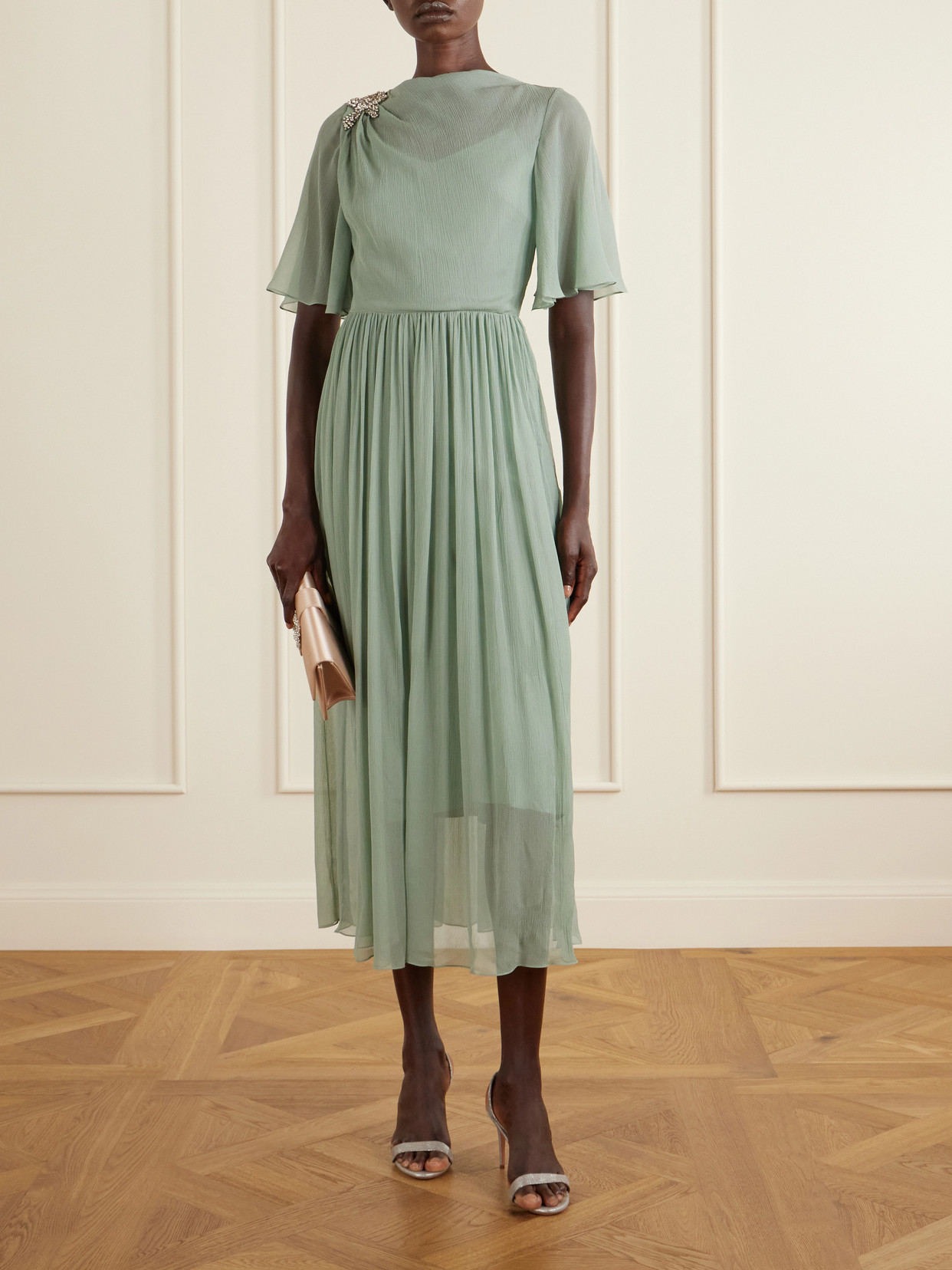 Erdem Embellished Silk Creponne Short Sleeve Midi Dress In Green