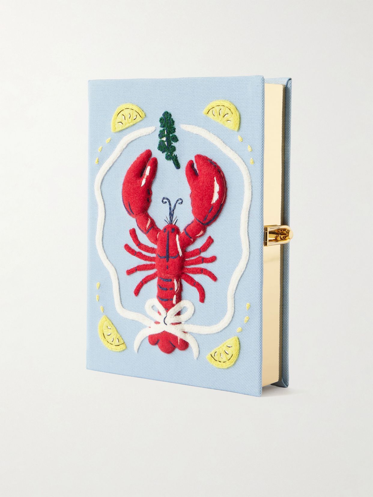Lobster appliquéd embroidered canvas clutch