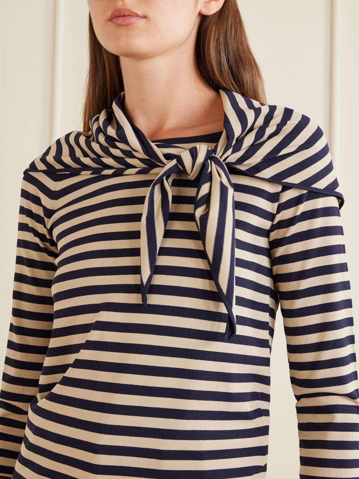 Tie-Detailed Striped Jersey Sweater