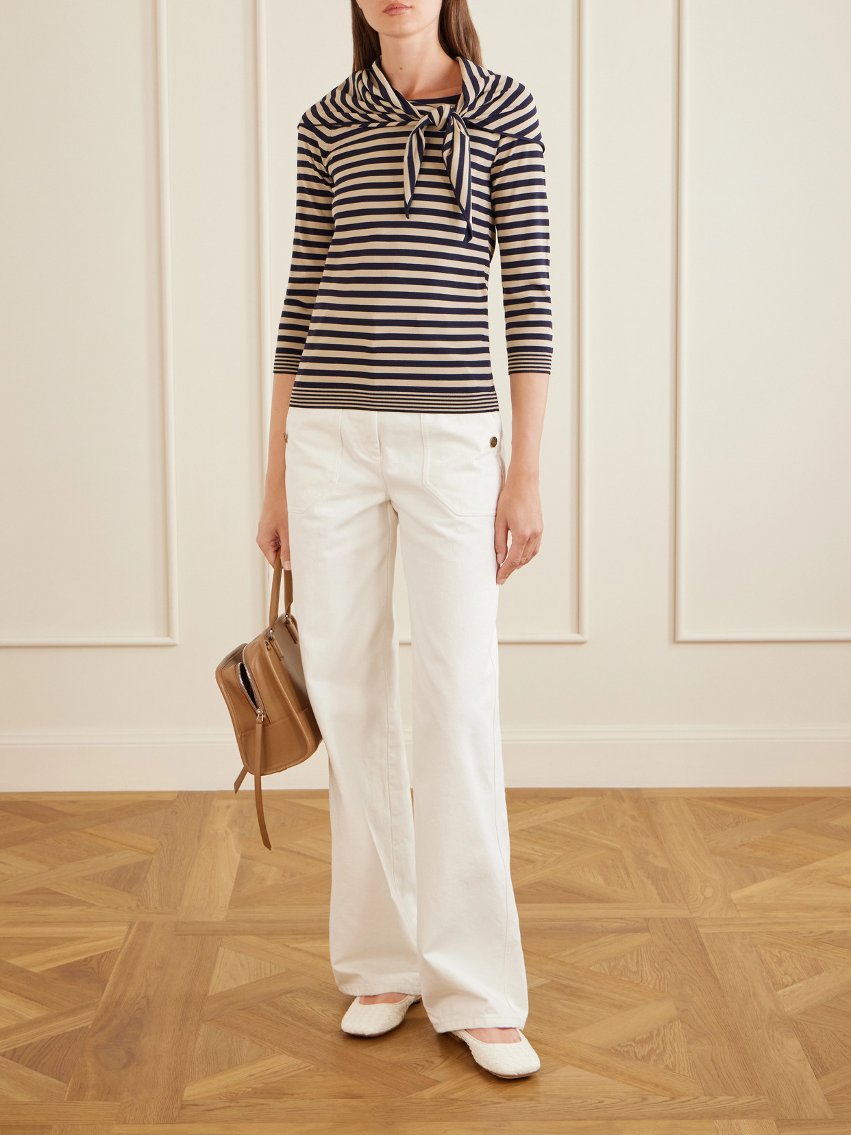 Tie-Detailed Striped Jersey Sweater
