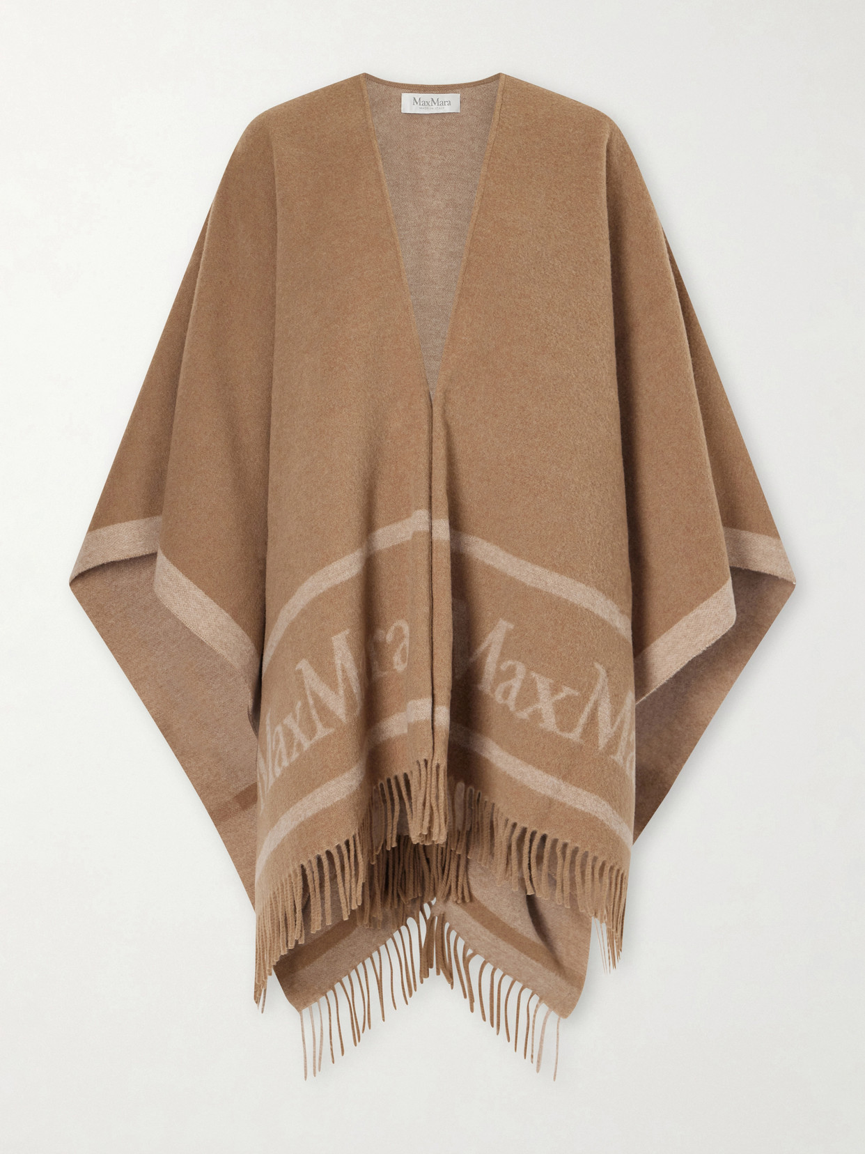 Max Mara Fringed Wool-jacquard Cape In Brown