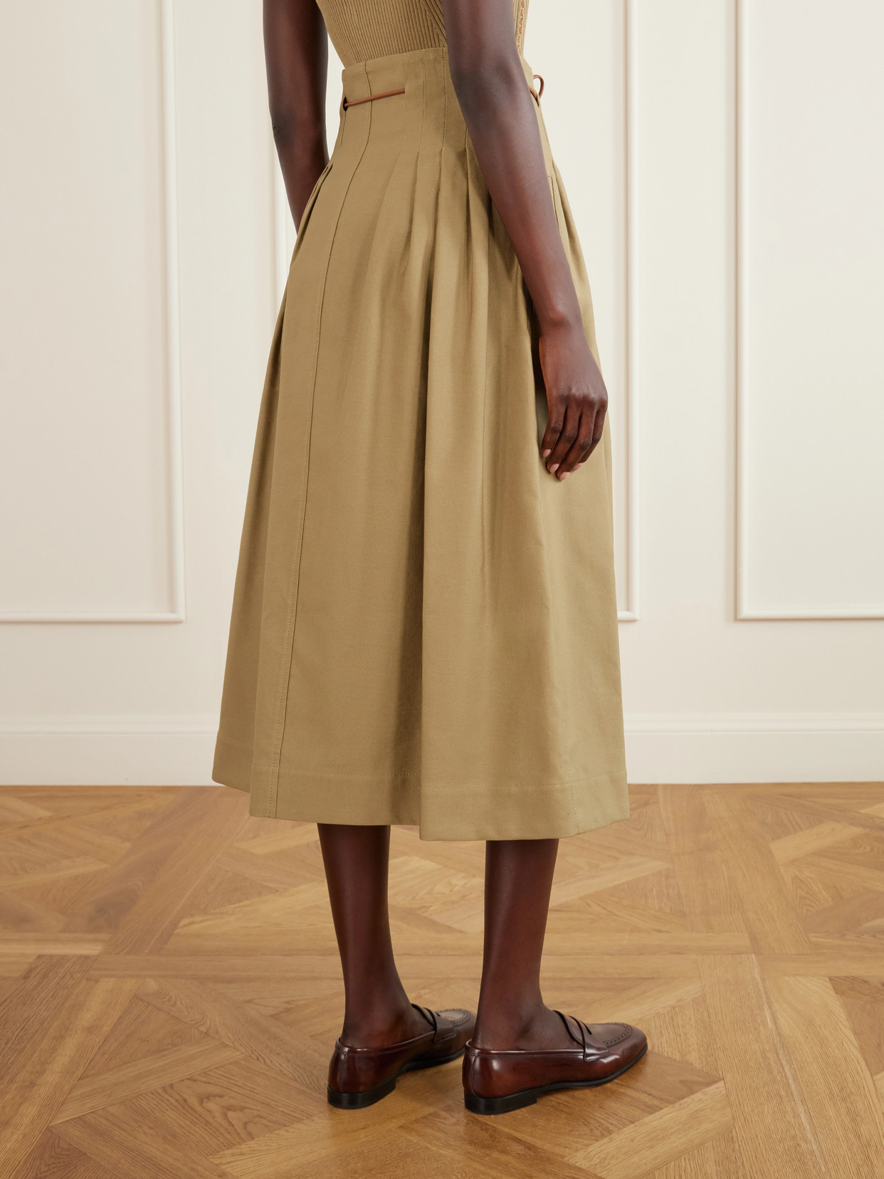 Mxmtempio Belted Pleated Leather-Trimmed Cotton Midi