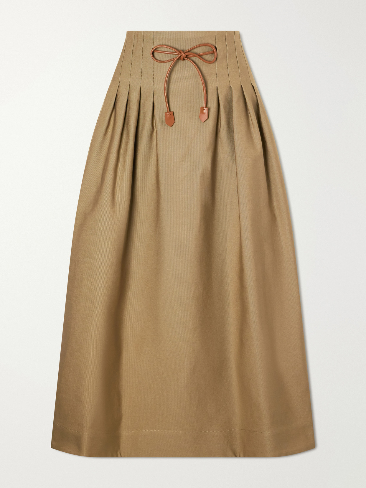 Max Mara Mxmtempio Belted Pleated Leather-trimmed Cotton Midi Skirt In Brown