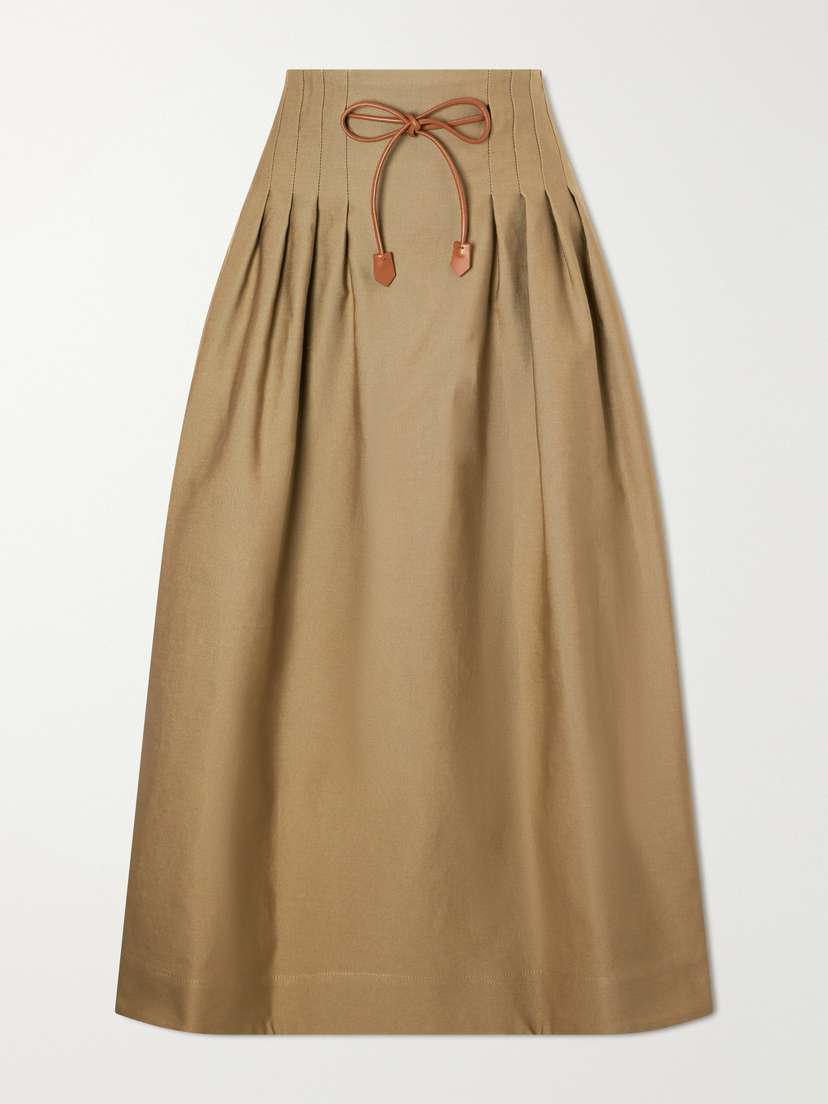Max Mara Mxmtempio Belted Pleated Leather-trimmed Cotton Midi Skirt