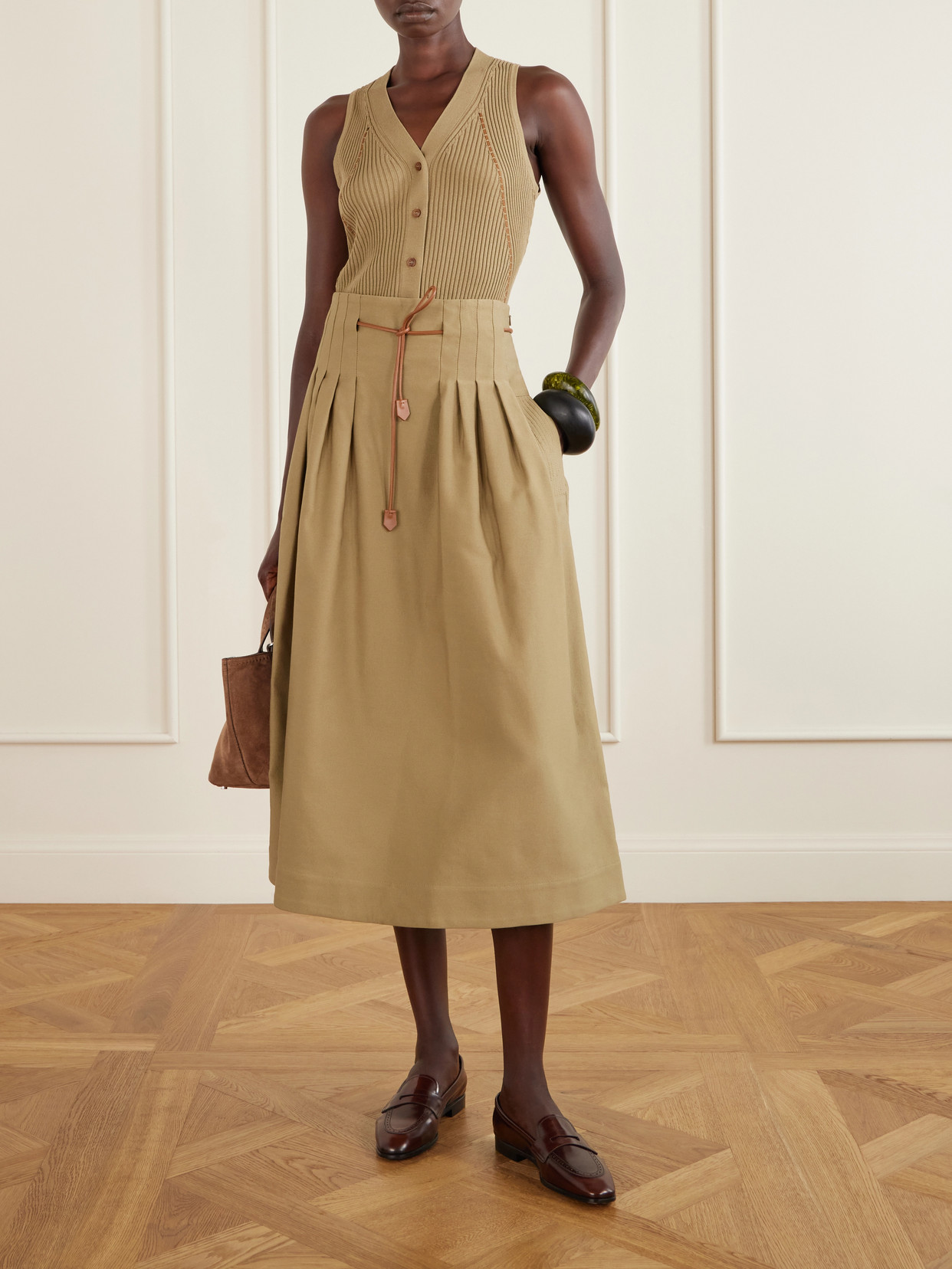 Mxmtempio Belted Pleated Leather-Trimmed Cotton Midi
