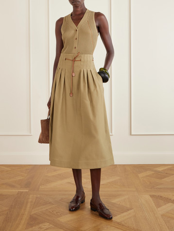 Max Mara Mxmtempio belted pleated leather-trimmed cotton midi skirt