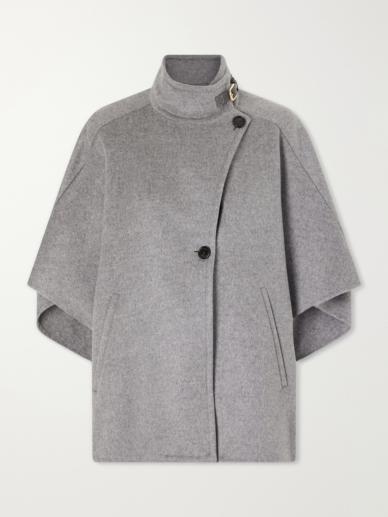 Max Mara Buckled Leather-trimmed Cashmere Cape In Gray