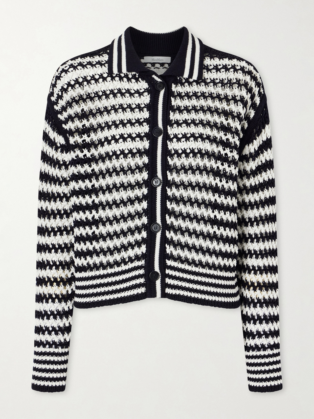 Max Mara Striped Crocheted Cotton Cardigan In Black