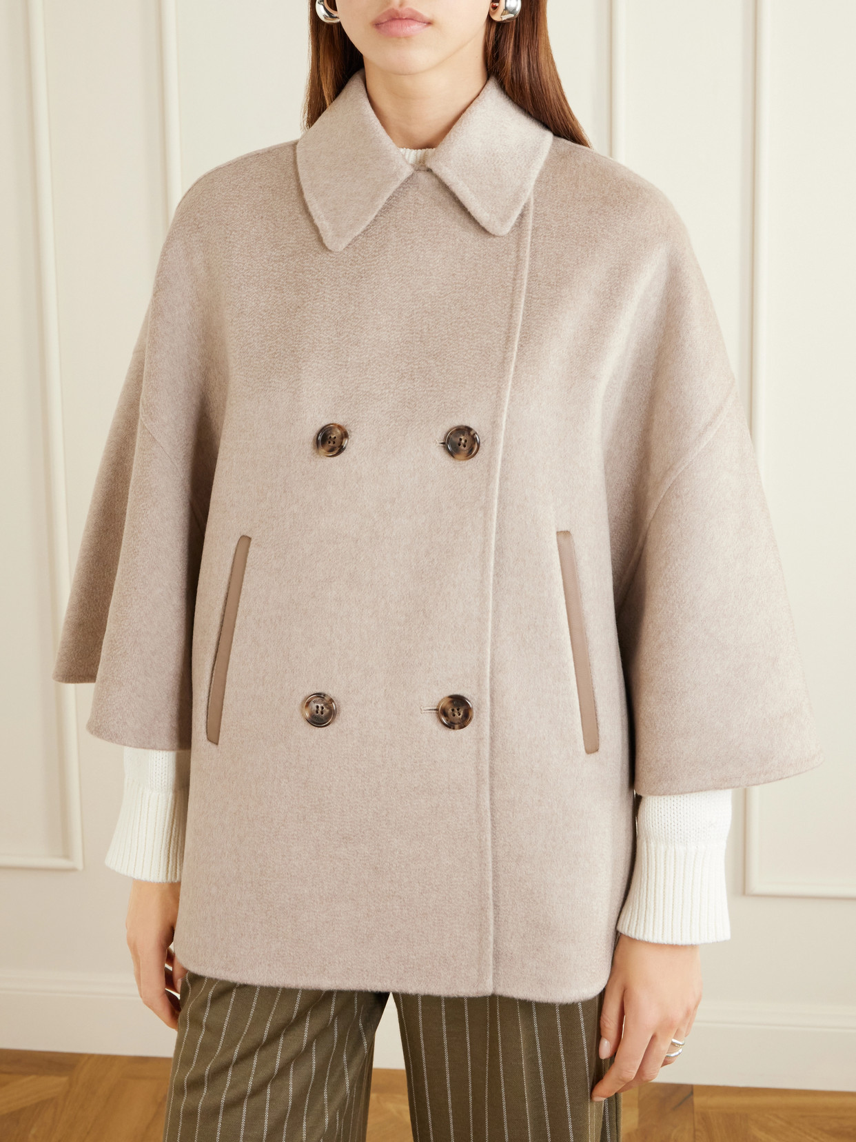 Leather-Trimmed Cashmere Cape