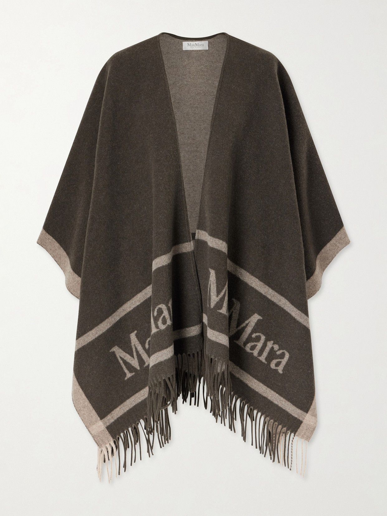 Max Mara Fringed Wool-jacquard Cape In Brown