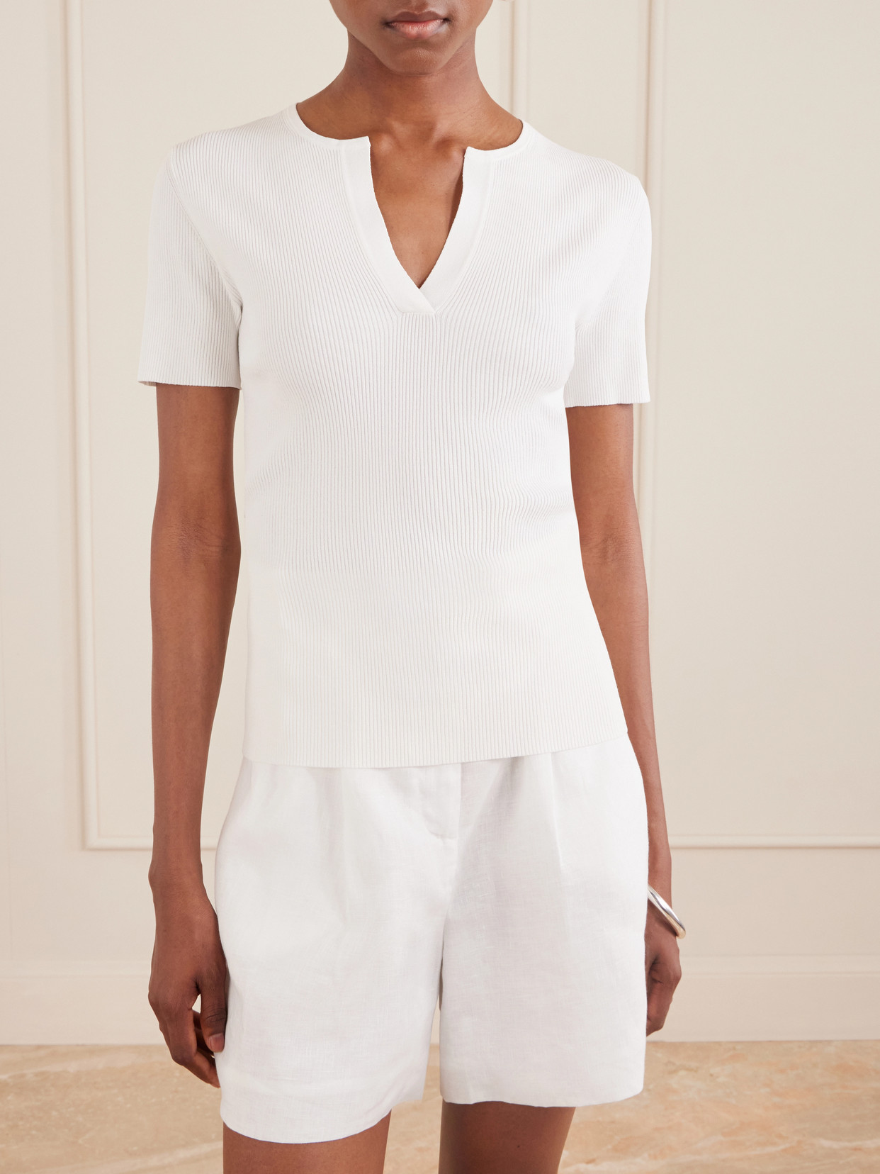 Tie-Detailed Ribbed-Knit T-Shirt
