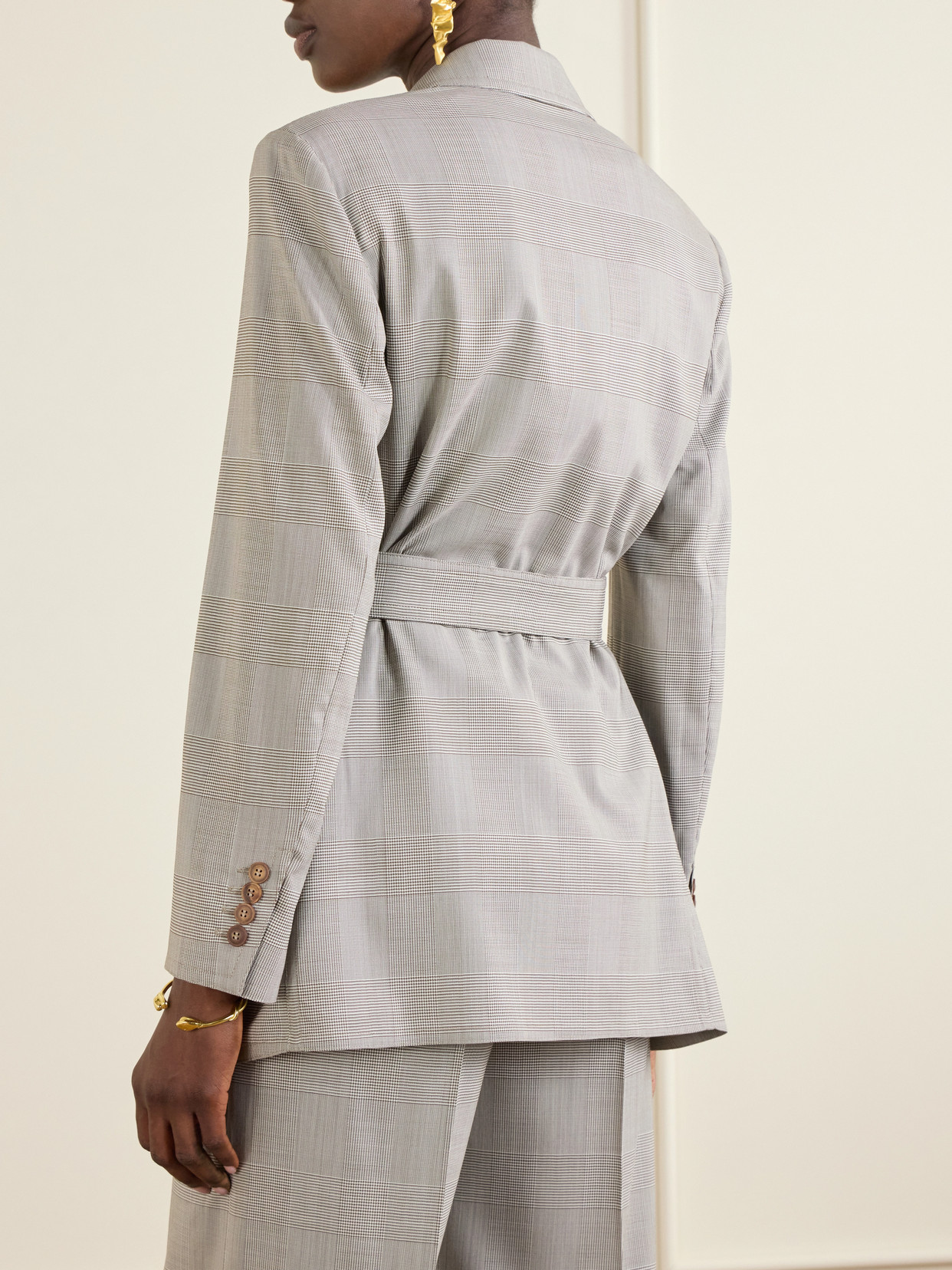 Max Mara Belted Checked Wool Blazer In Gray