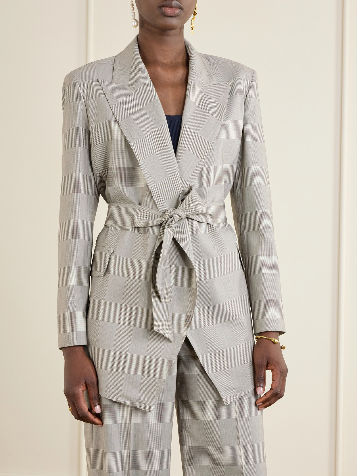 Max Mara Belted Checked Wool Blazer In Gray