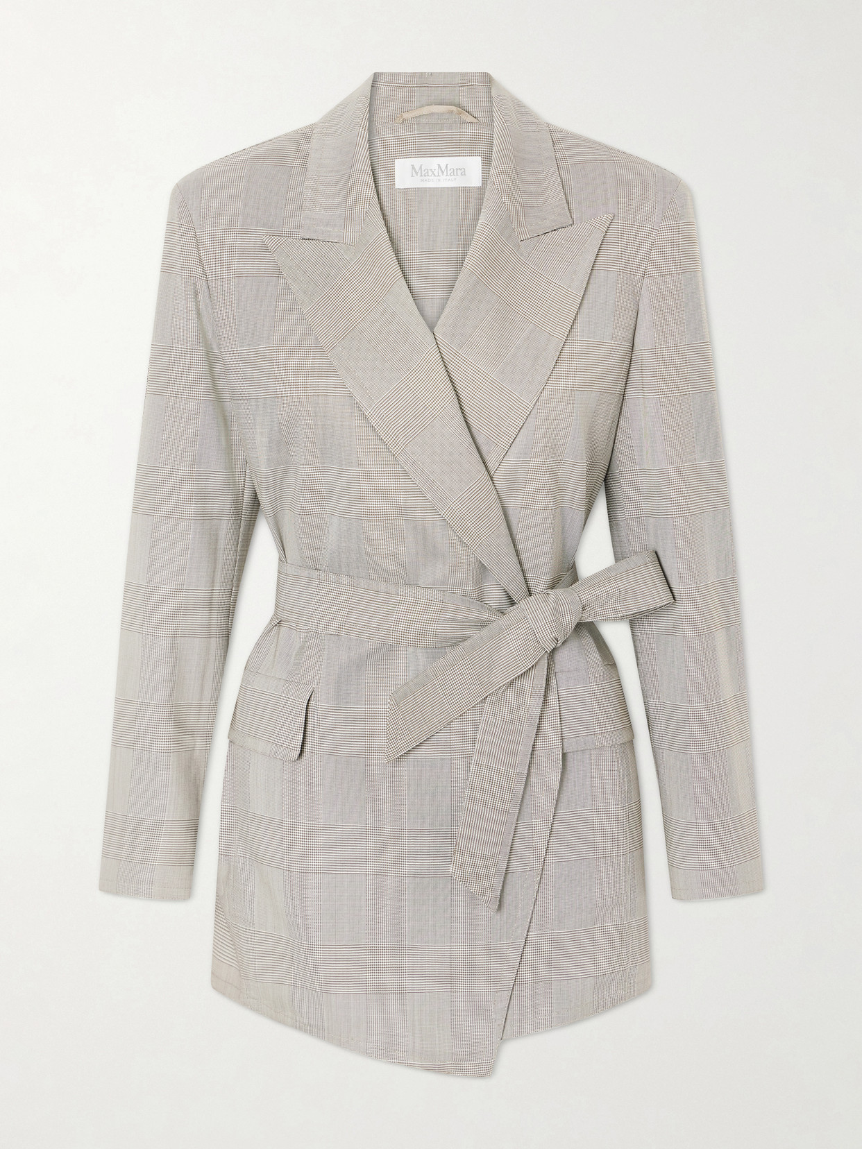 Max Mara Belted Checked Wool Blazer In Gray