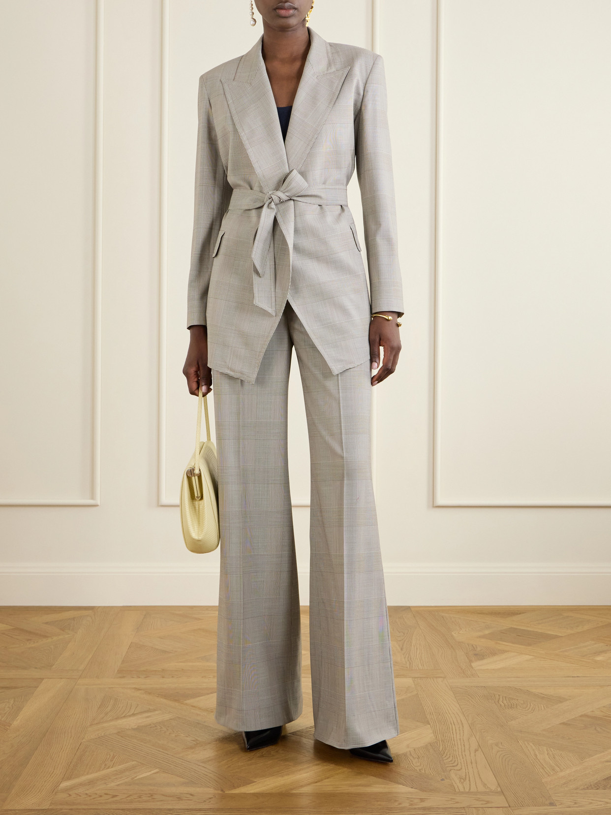 Max Mara Belted Checked Wool Blazer In Gray