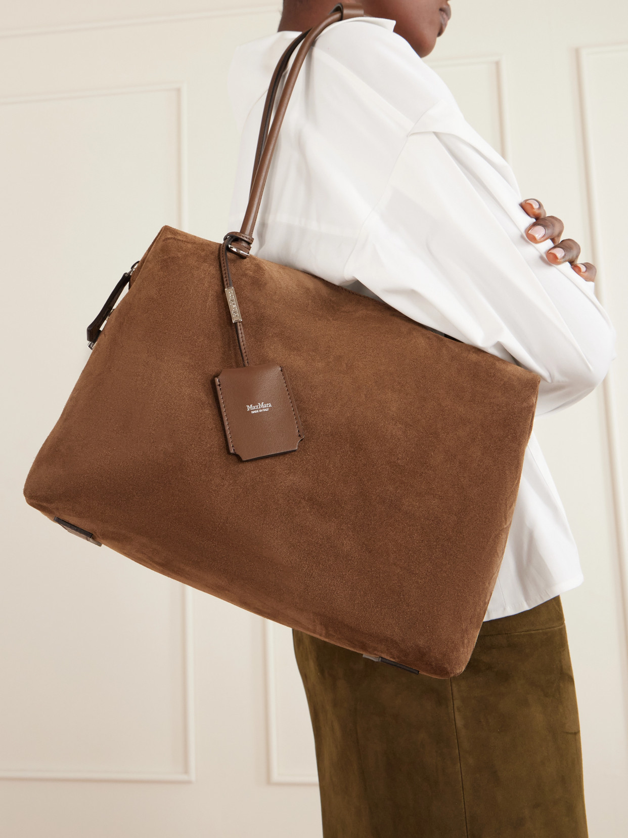 Leather-Trimmed Suede Shoulder Bag