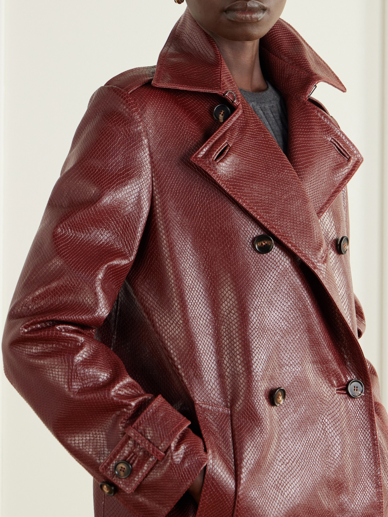 Charlotte Double-Breasted Snake-Effect Trench Coat