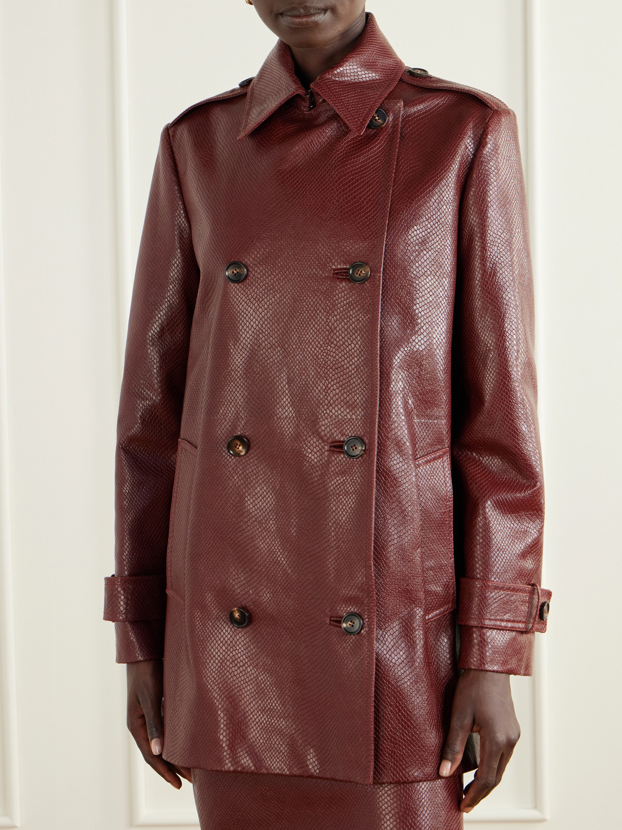 Charlotte Double-Breasted Snake-Effect Trench Coat