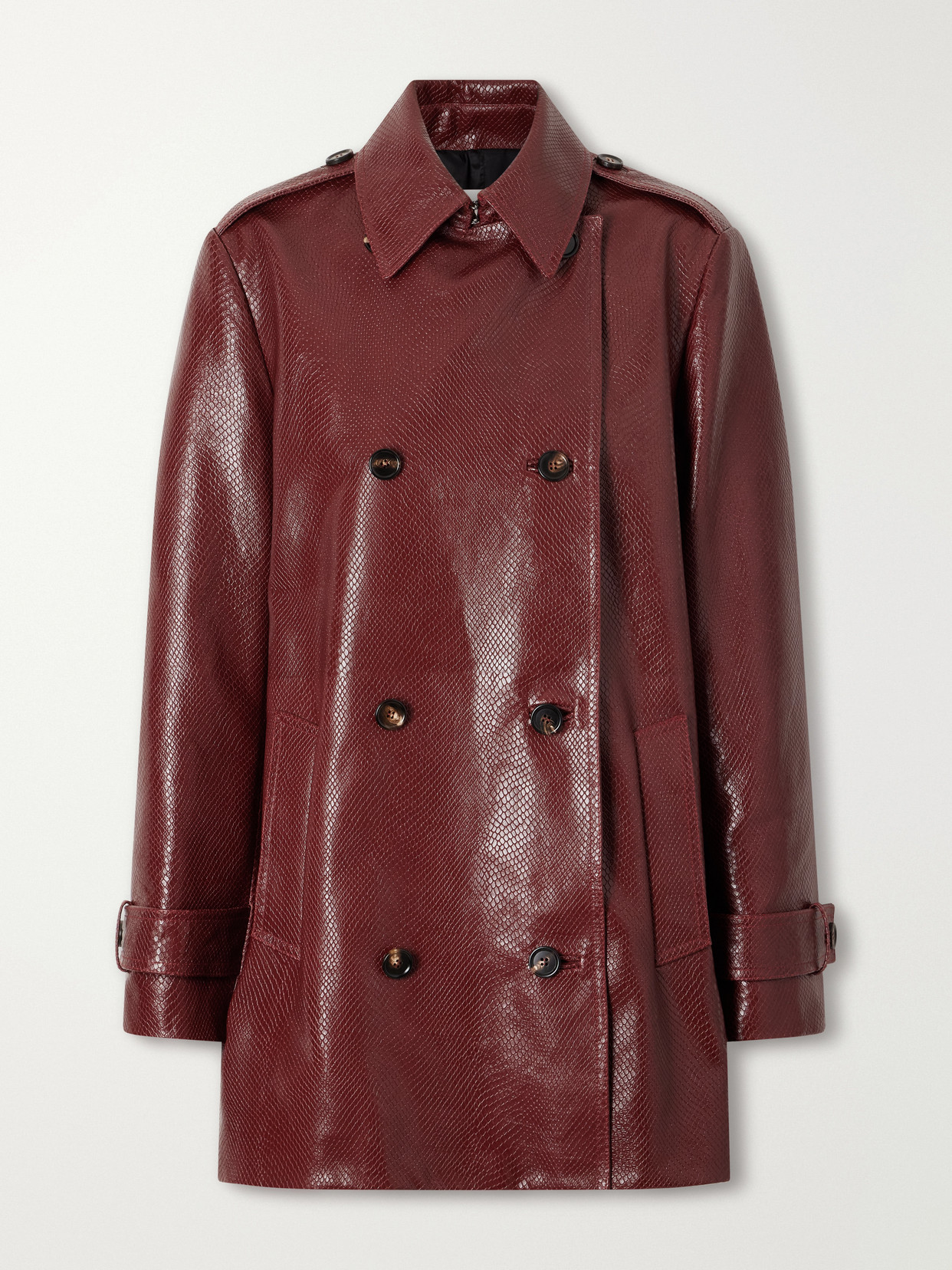 Veronica De Piante Charlotte Double-breasted Snake-effect Leather Trench Coat In Burgundy