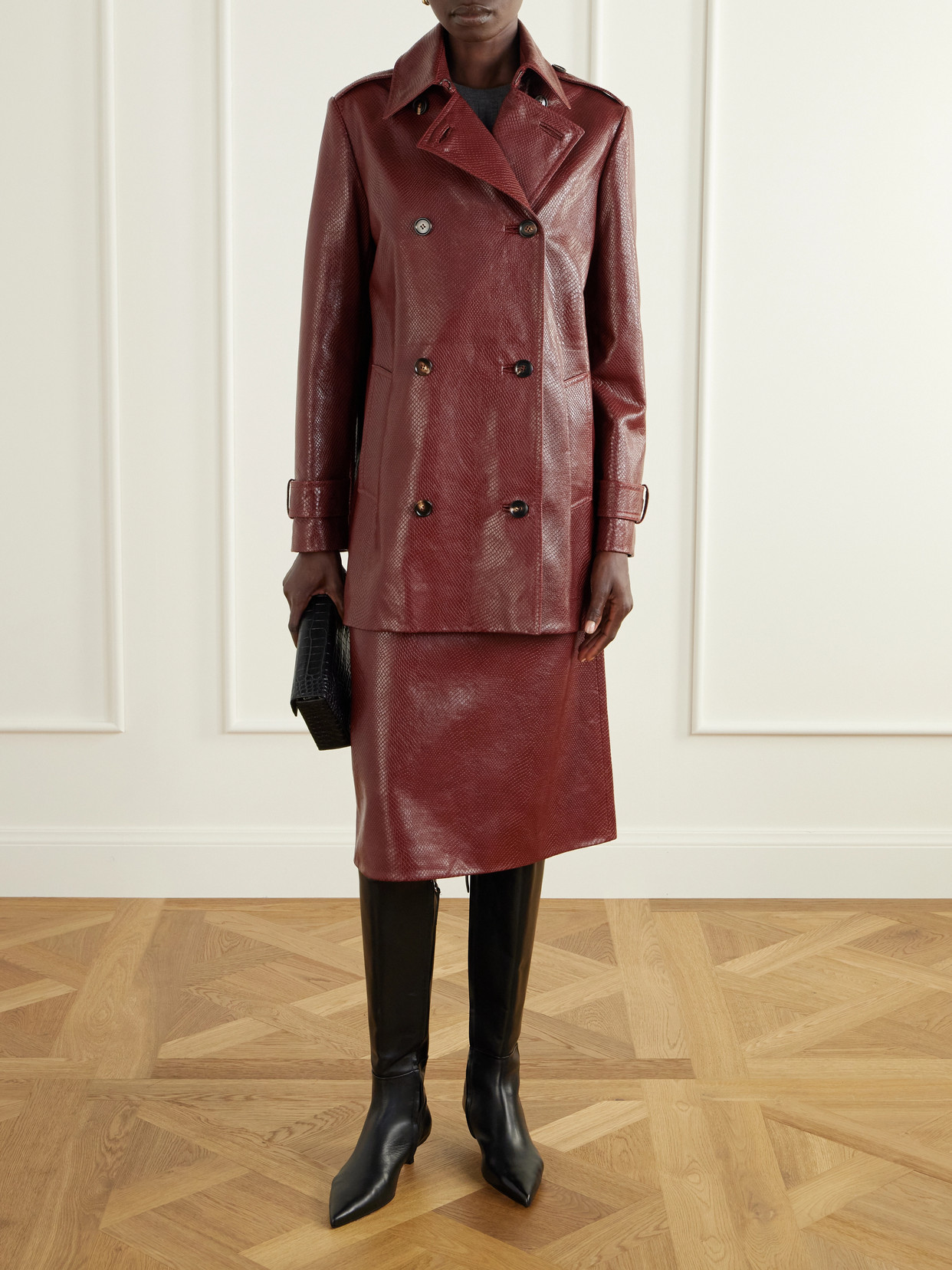 Charlotte Double-Breasted Snake-Effect Trench Coat