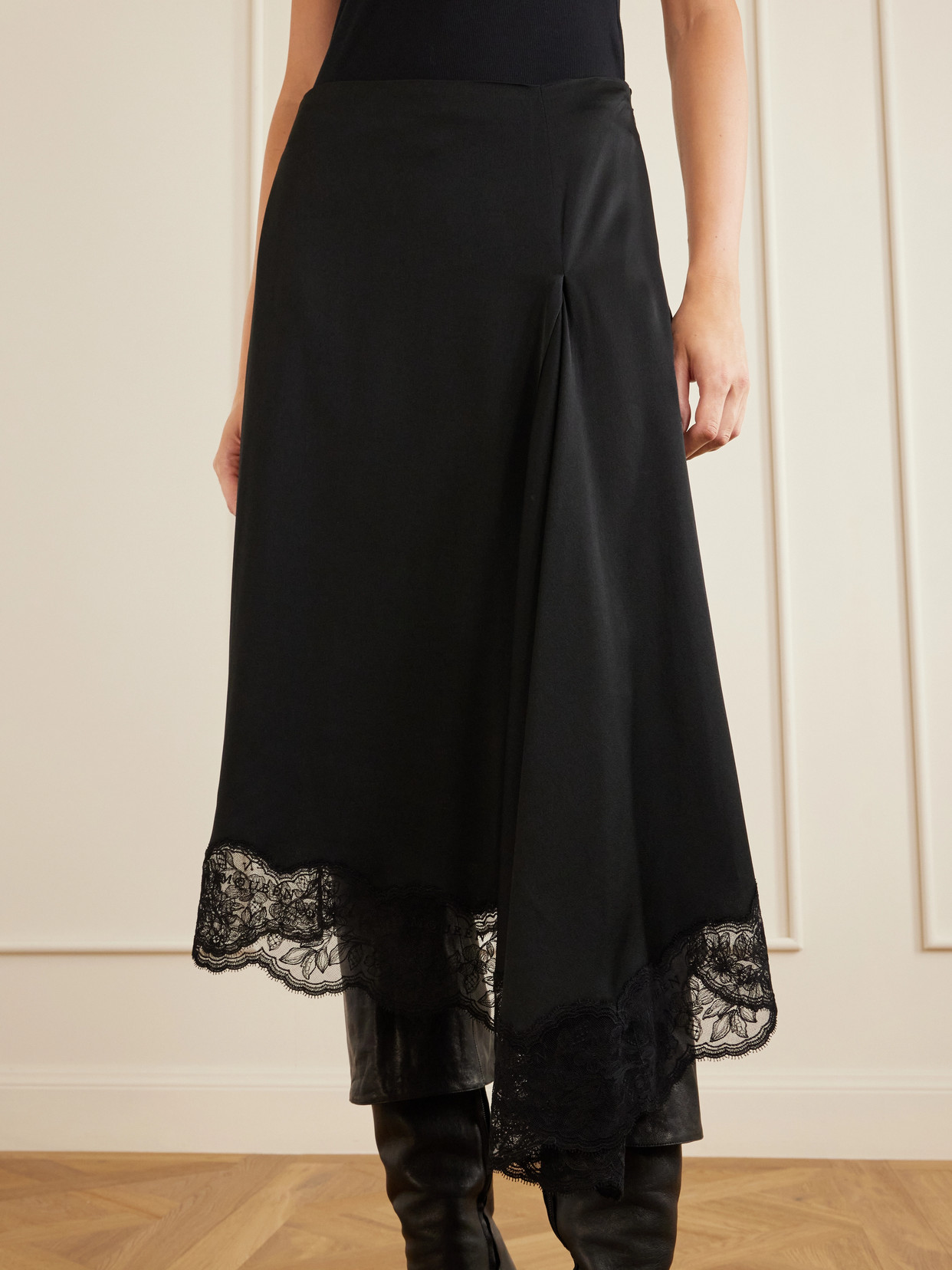 Asymmetric Draped Lace-Trimmed Crepe Midi