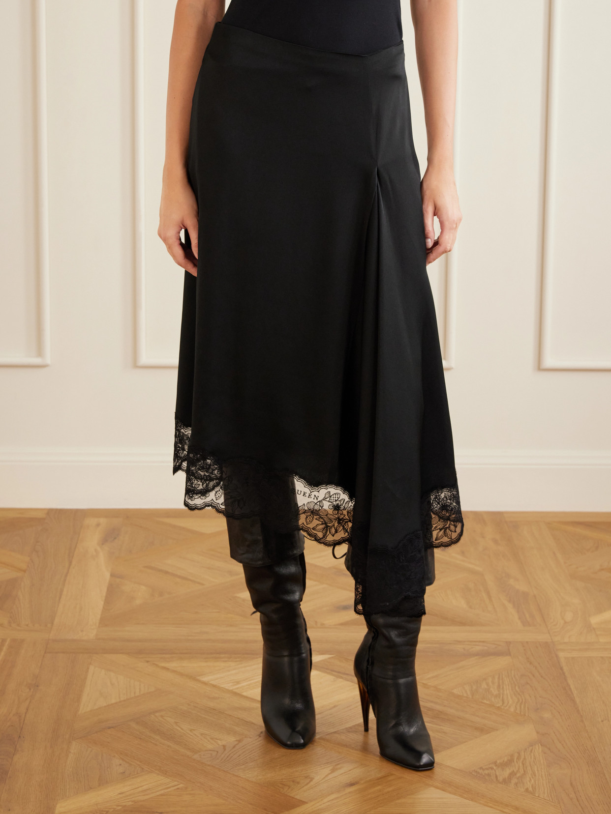 Asymmetric Draped Lace-Trimmed Crepe Midi