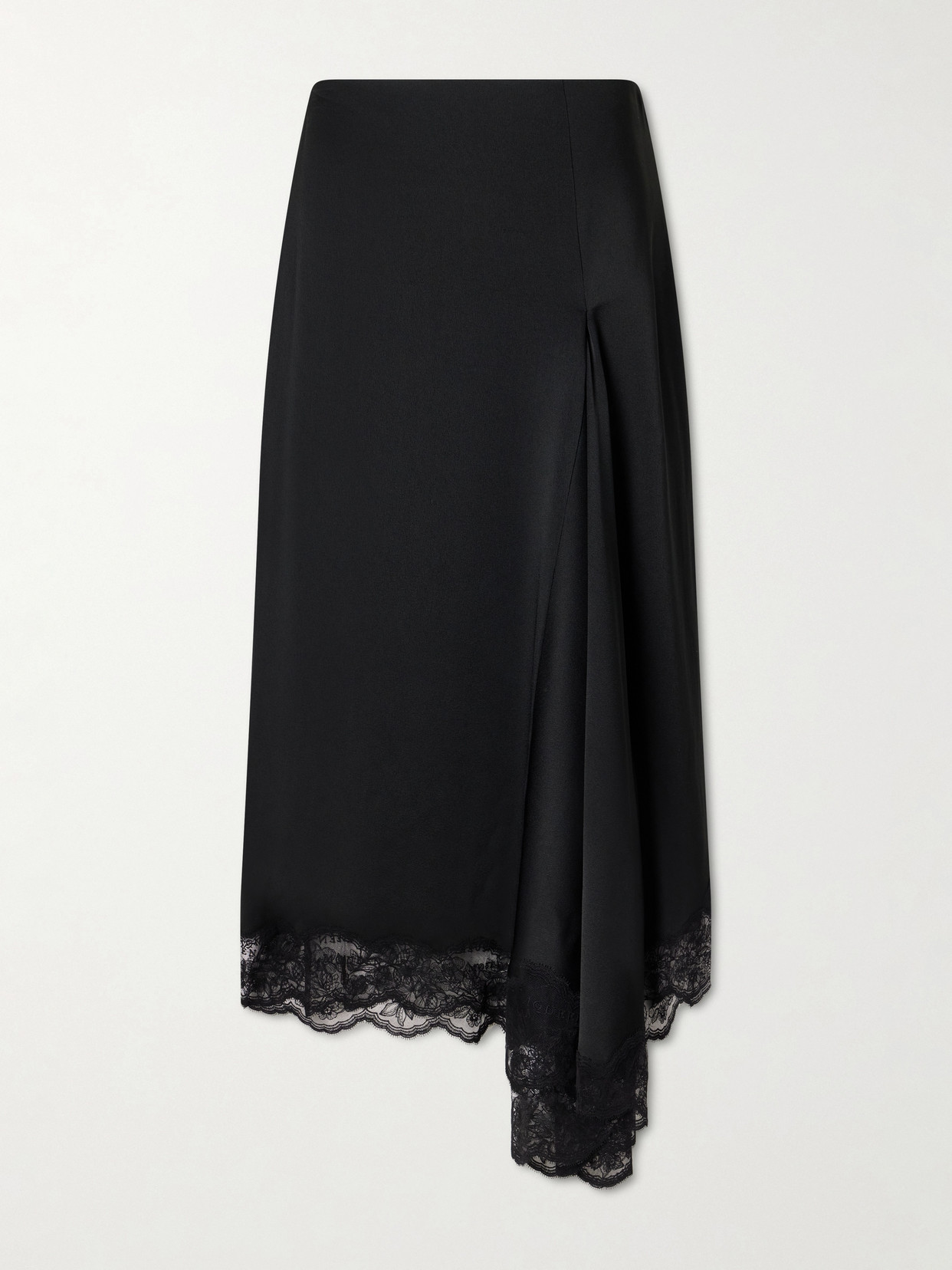 Alexander Mcqueen Asymmetric Draped Lace-trimmed Crepe Midi Skirt In Black
