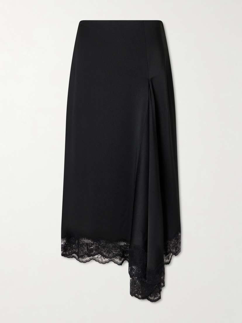 Asymmetric Draped Lace-trimmed Crepe Midi Skirt