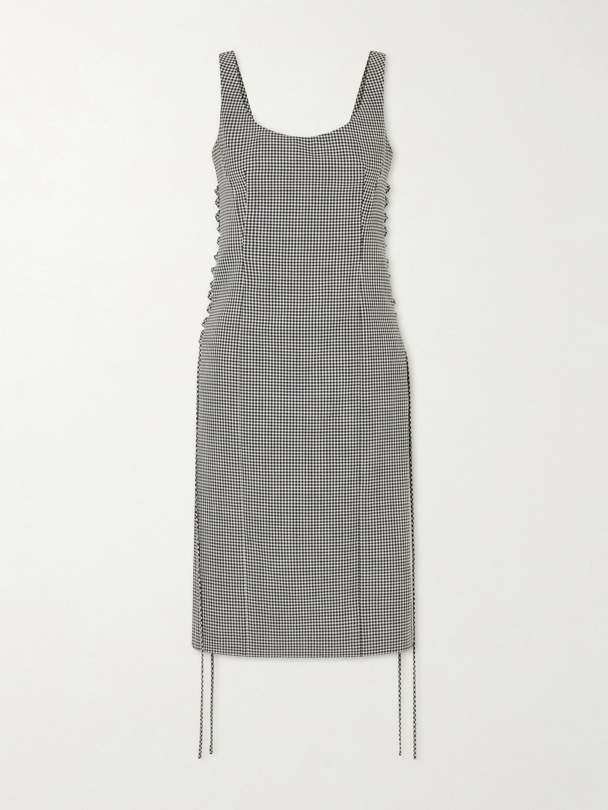 Alexander Mcqueen Checked Corseted Wool Midi Dress In Gray